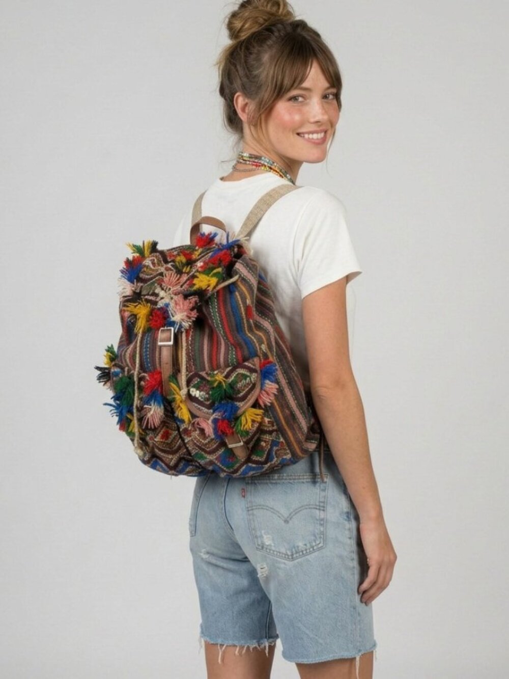 Boho Backpack Vintage Woven Guatemalan Hippie Colorful Tassel Patchwork Rucksack